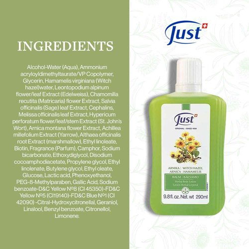 Arnica Body Lotion Balm, 290ml. Alternative Pre-Work Out Balm, Soothes Joint Pain & Muscle Cramps. Refreshing Balm For Bruises & Itches. Arnica Body Balm by Swiss Just.