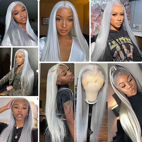 hoshee 200% Density Silver Grey Lace Front Wigs Human Hair For Women No Mixed Fiber Double Drawn Straight Virgin Hair Wig 13x4 UHD Lace Frontal Wig Brazilian Hair 18 Inches