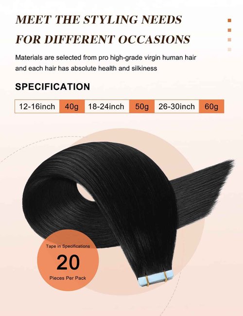 Sunya Tape in Hair Extensions Human Hair Jet Black 26 Inch Straight Black Tape in Hair Extensions #1 60g 20Pcs/Pack
