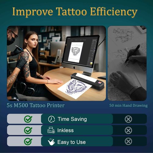 Bagana Tattoo Stencil Printer, M500 Wireless Bluetooth Thermal Portable Tattoo Printer Machine Kit with 10pcs Transfer Paper Compatible with Phones, Tablets & PC