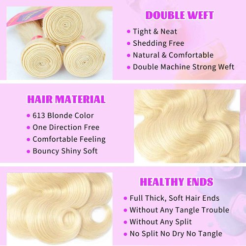 613 Bundles Blonde Bundles Human Hair Body Wave 16 18 20 Inch 100% Unprocessed 12A Grade Brazilian Virgin Hair 613 Body Wave Bundle Human Hair Extensions for Women