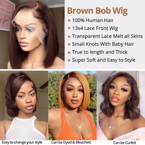 YOUFA Chocolate Brown Short Bob Human Hair Wigs Pre Colored #4 Lace Frontal Wig Pre Plucked 13x4 Transparent Lace Front Human Hair Wigs (Chocolate Brown, 14 inch)