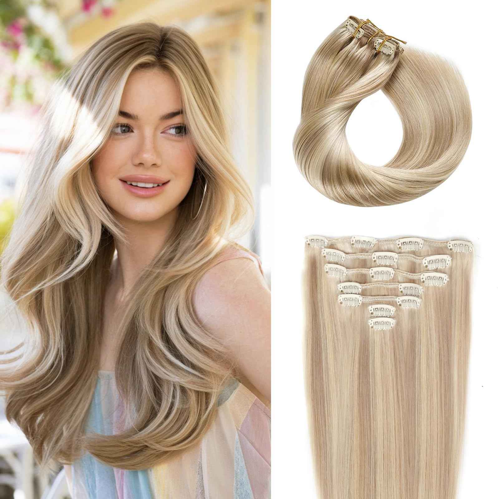 JESSBO Clip in Hair Extensions Real Human Hair 18 Inch 120g 7pcs Ash Blonde Highlighted Bleach Blonde Seamless Invisible Double Weft Natural Straight Hair Extensions for Woman (#P18/613)