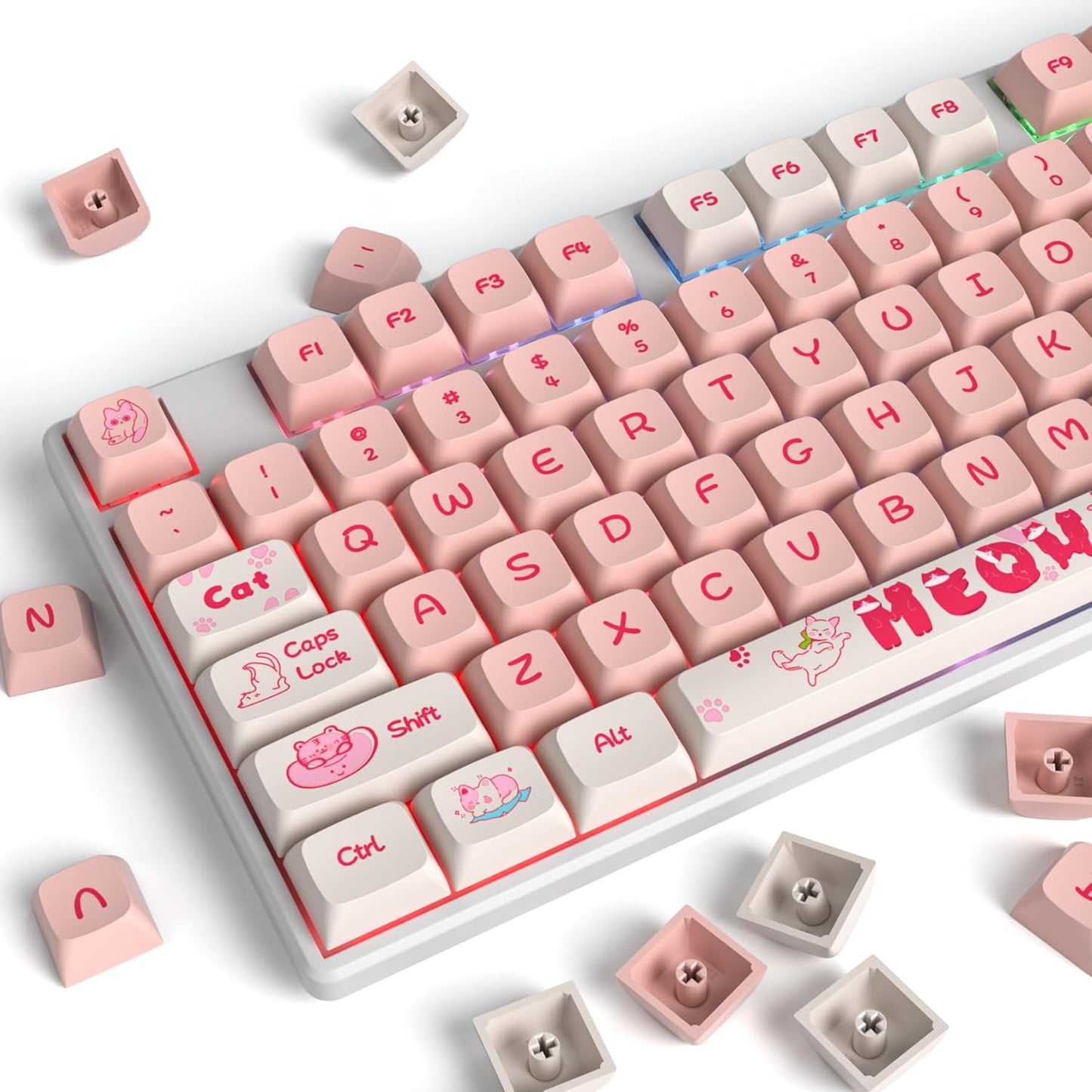 129 Keys PBT Keycaps Dye-Sublimation Keycap XDA Profile Custom Keycaps Anime Keycap Set for 60% 75% 100% MX Switches Mechanical Gaming Keyboard(Peach Cat)