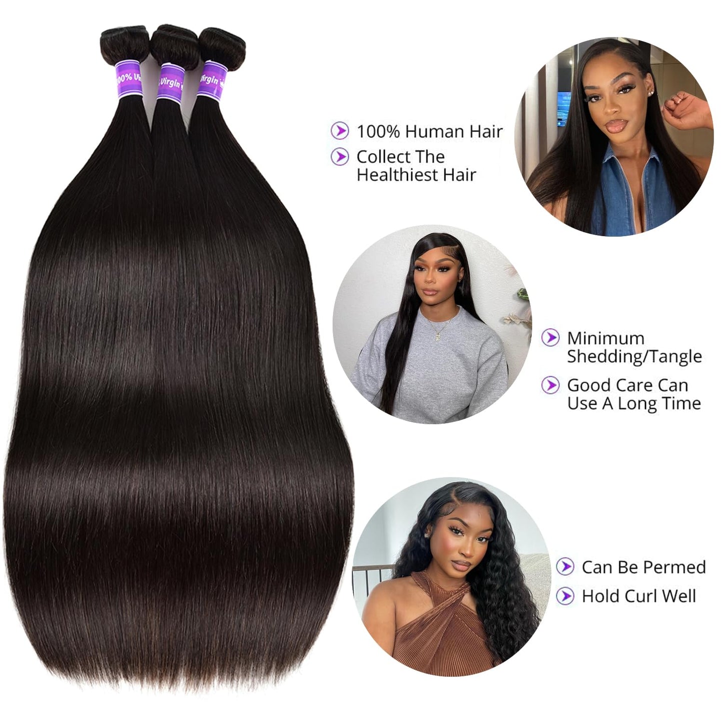 10A Human Hair Bundles 26 28 30 Inch Straight 3 Bundles Human Hair Brazilian Virgin Hair Weave Bundles Human Hair Extension 100% Unprocessed Weave Bundles Double Weft Natural Black