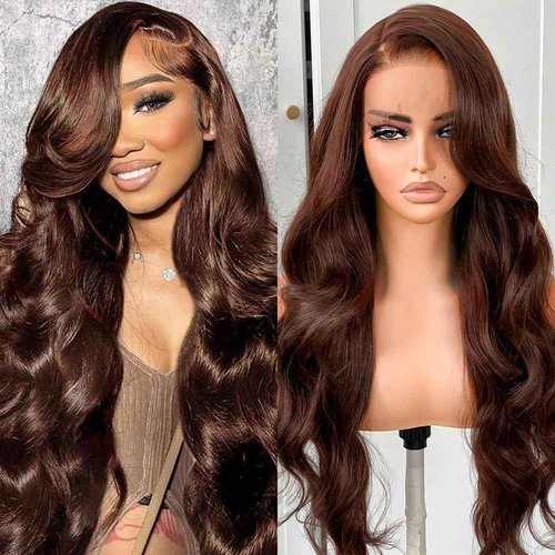 JINNOO Chocolate Brown Lace Front Wig 200 Density Brown Lace Front Wigs Human Hair Pre Plucked Brown Wig Human Hair 13x4 HD Lace Frontal Wigs 30 Inch