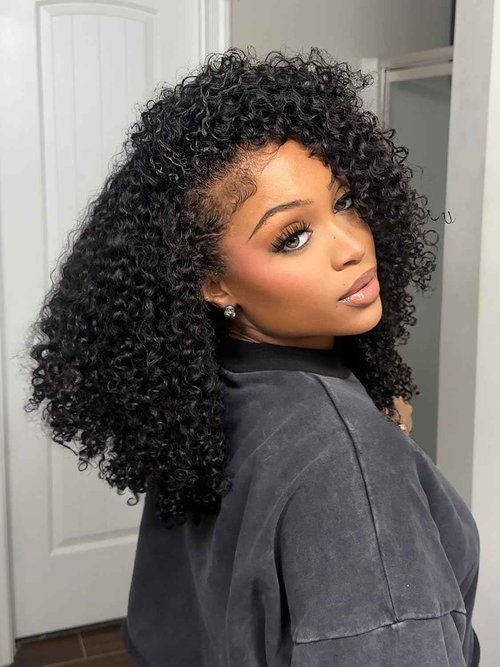 ORIGINAL QUEEN Kinky Curly Half Wig Human Hair Wear And Go Glueless Wigs Curly 3 In 1 Half Wigs for Women Drawstring Seamless Flip Over Glueless Wigs Beginner Friendly 18 Inch