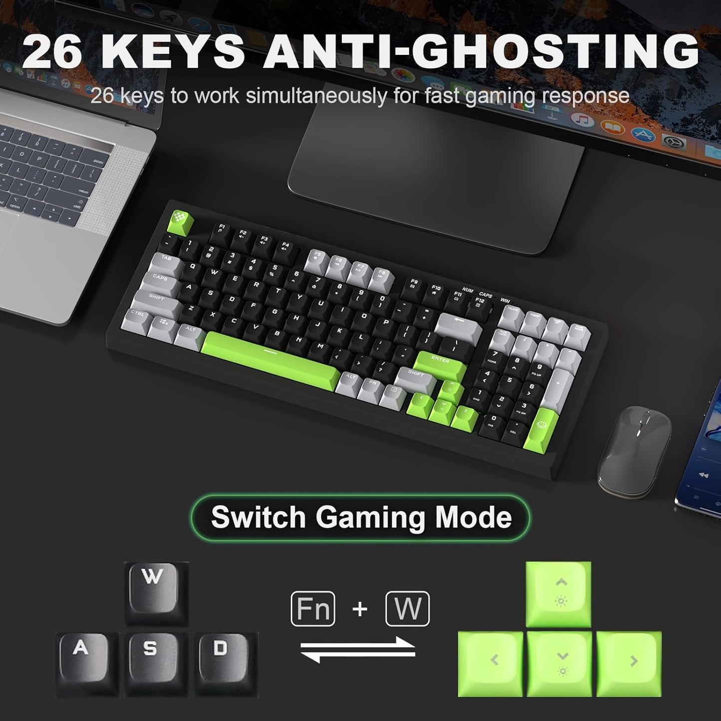 YUNZII D98 Membrane Gaming Keyboard,RGB Backlit,Full Numpad,Spill Resistance,Anti-ghosting,USB Wired,98 Keys for PC Gaming Office(Black&Green)