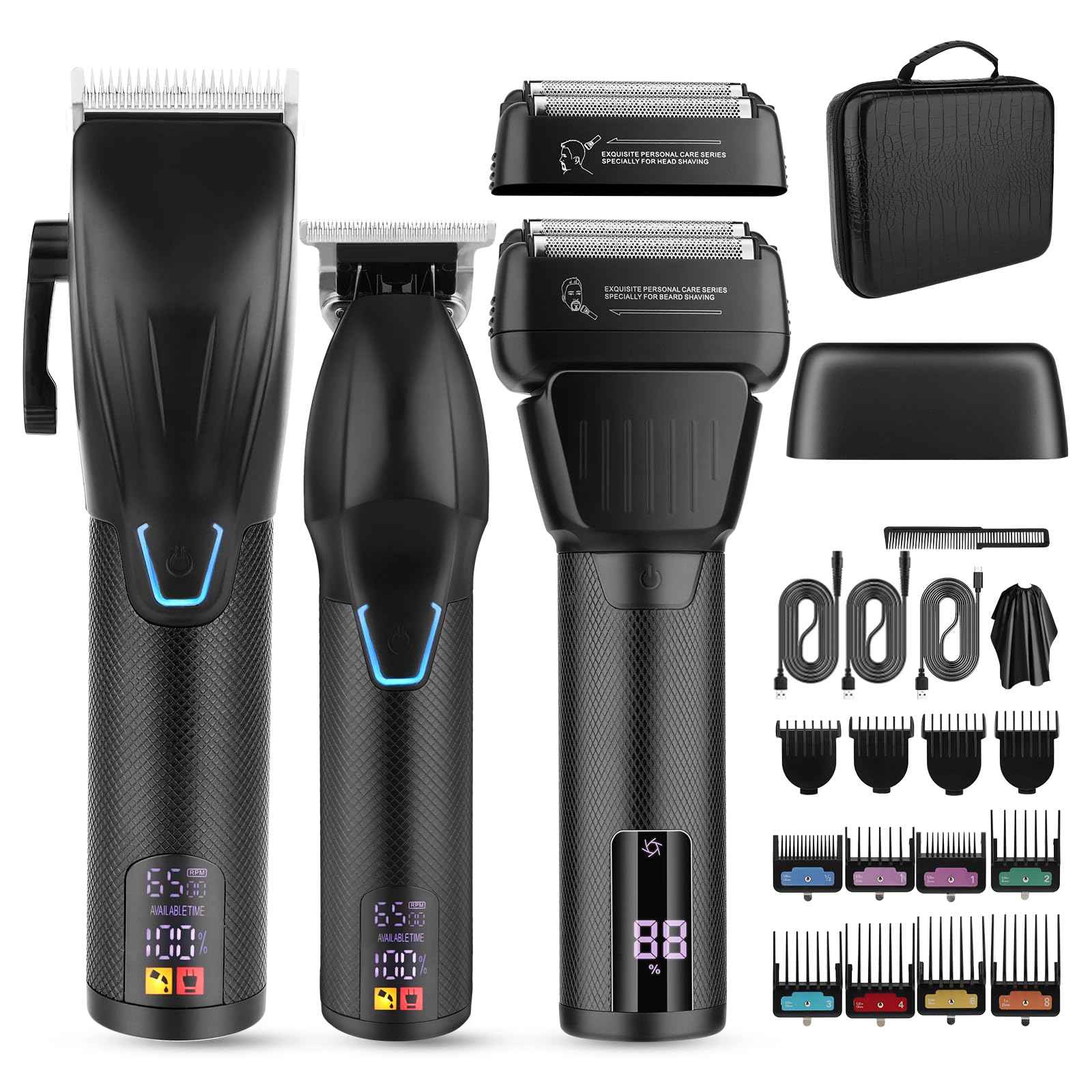 Professional Hair Clippers for Men - Cordless Beard Trimmer Electric Razor Foil Shavers, Barber Clippers Hair Trimmer Rechargeable Hair Grooming Kit, LCD Display, Gifts for Men (Black)