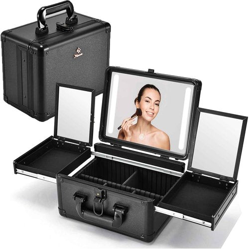 Faquenc Makeup Case With LED Lighted Mirror 11.2 Inch Travel Makeup Train Case Adjustable Brightness in 3 Colors Cosmetic Organizer Artist Storage Box 2 Trays with Dividers Hard Make Up Vanity Black