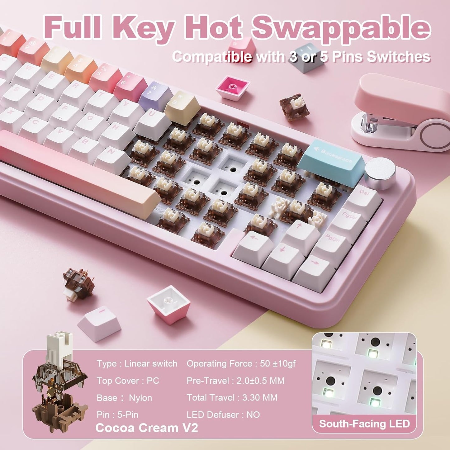YUNZII B68 Wireless Mechanical Keyboard,Tri-Mode BT5.0/2.4GHz/USB-C,Cute PBT Keycaps,Hot Swappable Creamy Typing Gasket Mounted,RGB Backlit NKRO for Win/Mac (Black, Milk V2 Switch)