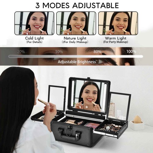 Faquenc Makeup Case With LED Lighted Mirror 11.2 Inch Travel Makeup Train Case Adjustable Brightness in 3 Colors Cosmetic Organizer Artist Storage Box 2 Trays with Dividers Hard Make Up Vanity Black
