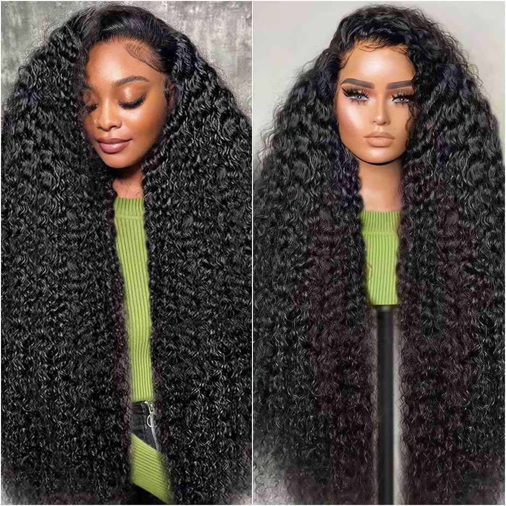 Gulenme 13x6 Deep Wave Lace Front Wigs Human Hair 200 Density Pre Plucked HD Transparent 100% Lace Frontal Wigs Deep Curly Wet and Wavy lace front human hair Wigs for Women（ 30 inch ， Natural Black）