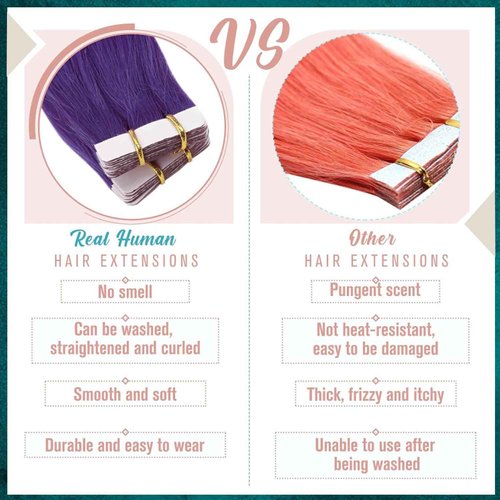 RUNATURE Tape in Hair Extensions Human Hair Straight Color Purple Hair Extensions Tape in Extensions for Long Hair, Remy Natural Hair for Highlights, Soft Silky Tape Ins 20 Inch 50g 20pcs