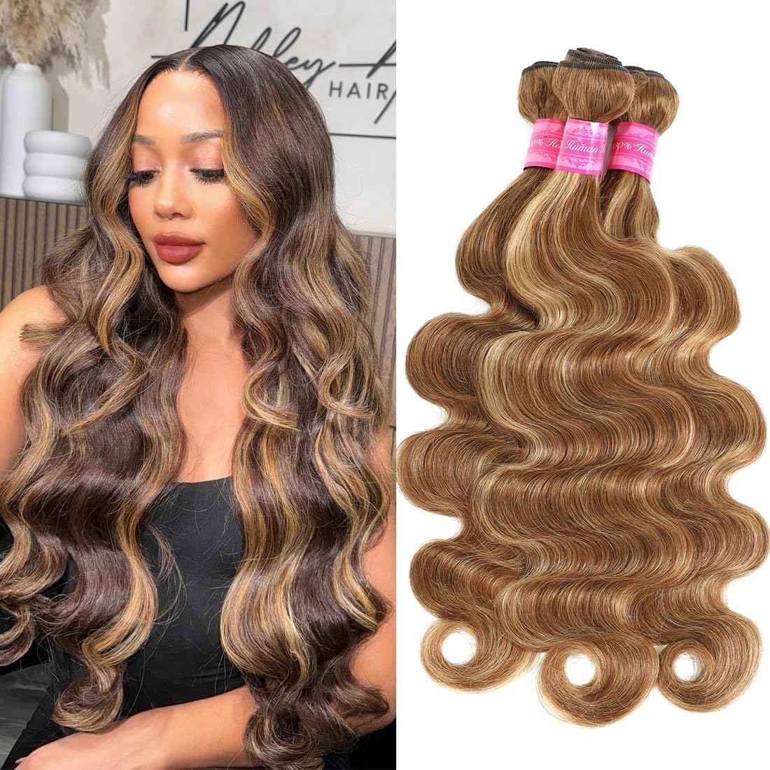 12A Highlight Thick Raw Virgin 3 Bundles Body Wave Human Hair Colored 4/27 Piano Color Ombre Human Hair Bundles Double Weft 14 16 18 Inch