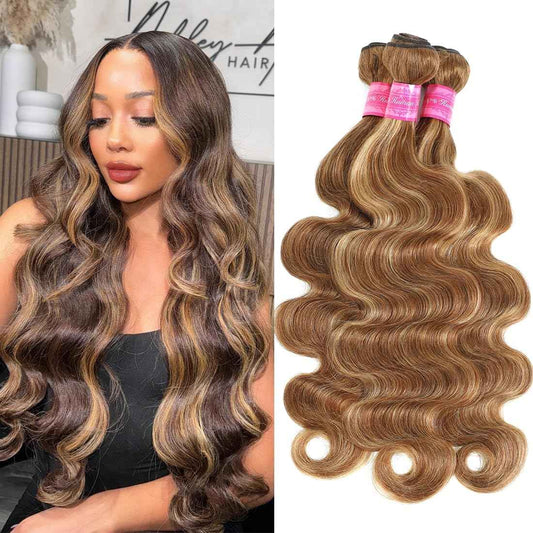 12A Highlight Thick Raw Virgin 3 Bundles Body Wave Human Hair Colored 4/27 Piano Color Ombre Human Hair Bundles Double Weft 14 16 18 Inch