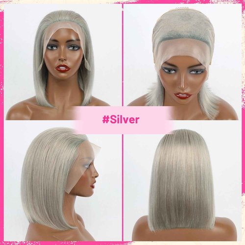 Evala Bob Wig Human Hair Silver Wig 13x4 Lace Front Wig Human Hair Bob 10 inch #Silver Human Hair Bob Wig 180% Density Short Bob Wig Colored Bob Wig Human Hair
