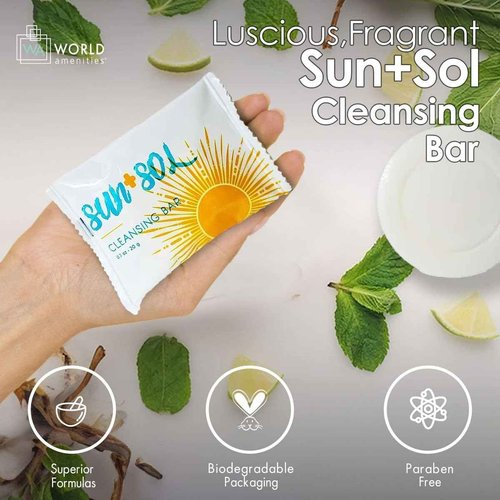 World Amenities - Sun + Sol Bulk Luxurious Cleansing Bar With Warm Coconut & Vanilla Fragrances, Pleat Wrapped Travel Size Toiletries, Mini Hotel Amenities, 0.7 oz (500 Pack)