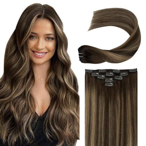 Clip in Hair Extensions Real Human Hair Balayage Chocolate Brown to Caramel Blonde Ombre Natural Clip on Remy Brazilian Hair Extensions Double Weft Straight Clip ins Hair for Women 18 Inch 60G 5 PCS