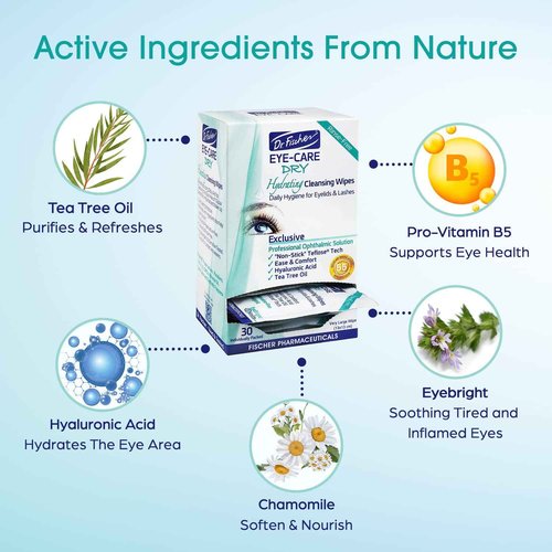 Dr. Fischer Tea Tree Eyelid Wipes - Gentle Eye Wipes for Everyday Eye Cleansing and Hypoallergenic Makeup Remover (6 packs of 30 wipes each).