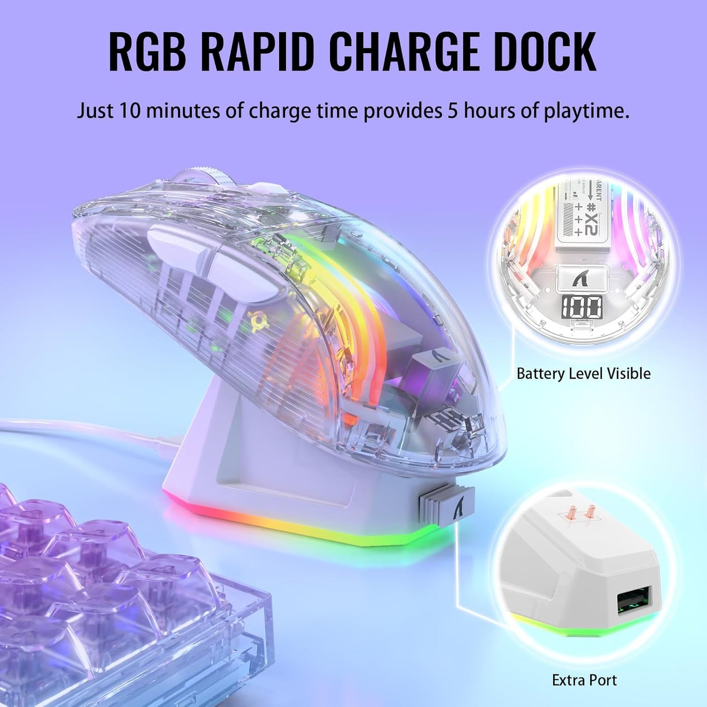 A.JAZZ Wireless Gaming Mouse with Full Transparent,Tri-Mode 2.4GHz/Bluetooth/Wired Mouse,Digital Display,Charging Base,3D RGB Backlit,Silent Mice with 7 Buttons,Wireless Mice for Laptop,PC,Mac(White)