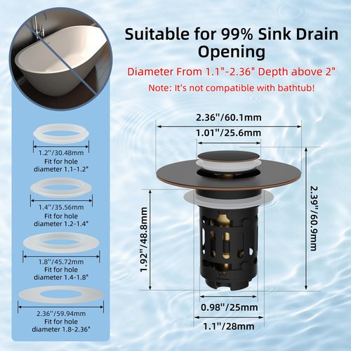 Hibbent Upgraded 3 in 1 Bathroom Sink Drain Strainer, Universal Pop Up Stopper with Removable Stainless Steel Filter Basket Hair Catcher, Sink Plug for 1.1''~2.36'' Basin, Oil-Rubbed Bronze