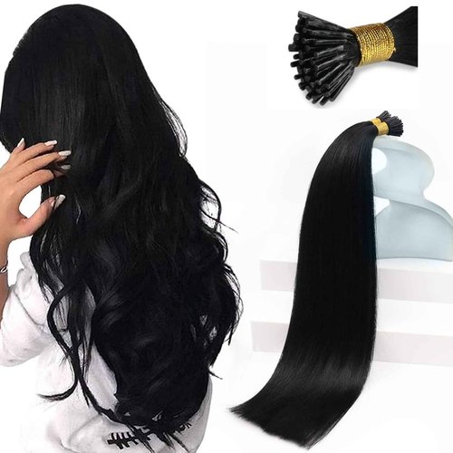 Sunny Hair I Tip Hair Extensions Human Hair 28inch Itip Human Extensions Jet Black Fusion Hair Extensions Heat-Stylable Itip Extensions Invisible Stick Tips Hair Extensions Natural 50g