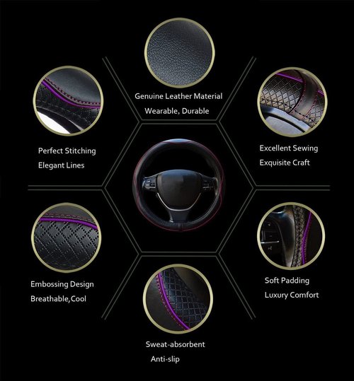 Gomass Car Steering Wheel Cover, Anti-Slip, Safety, Soft, Breathable, Heavy Duty, Thick, Full Surround, Sports Style (Black with Purple line)