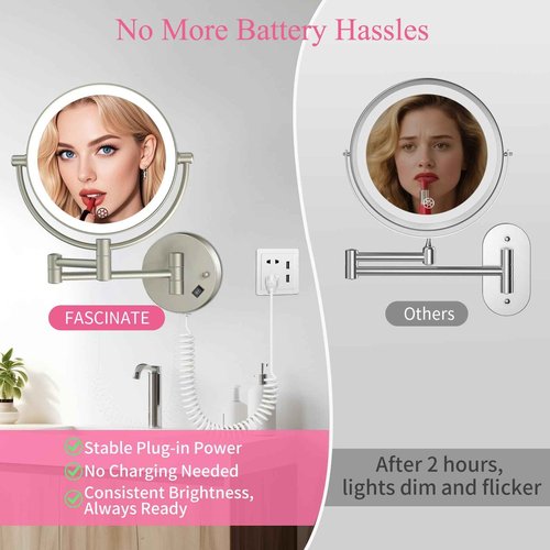 Wall Mounted Makeup Mirror with Lights, 30X/1X Double-Sided Magnifying, Plug-in Lighted Vanity Mirror with 3 Color Modes, Dimmable Brightness, 360° Swivel Extendable Arm for Bathroom & Grooming