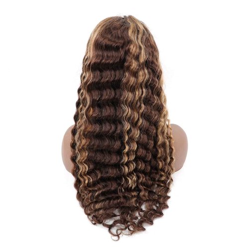 BLY Highlight Human Hair Lace Front Wigs Deep Wave #4/27 Ombre Colored Glueless Wigs Pre Plucked 20 Inch 4x4 Transparent Curly Water Wave Lace Wig Honey Blonde Real Human Hair 180% Density