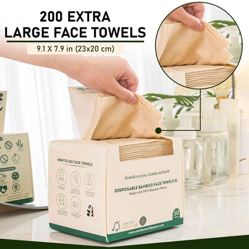 MOTHER EARTH Bamboo Face Towels XL - Hypoallergenic and Disposable Face Wipes | Dry Makeup Removers | Made from Bamboo Viscose | Extra Soft for Sensitive Skin | 200 Towels