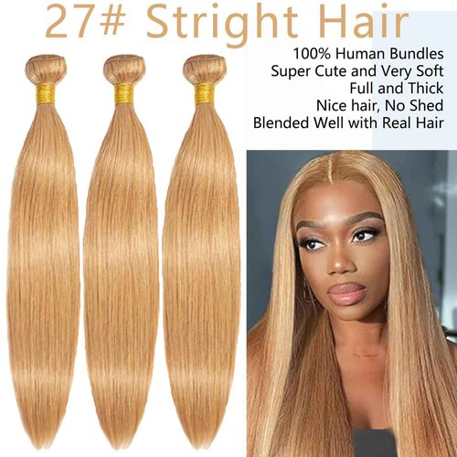 Fabimiya 16 18 20 Inch Human Hair Bundles Honey Blonde 27# Straight Bundles Human Hair 100% Unprocessed Soft Sewn In Hair with Double Weft for Black Women