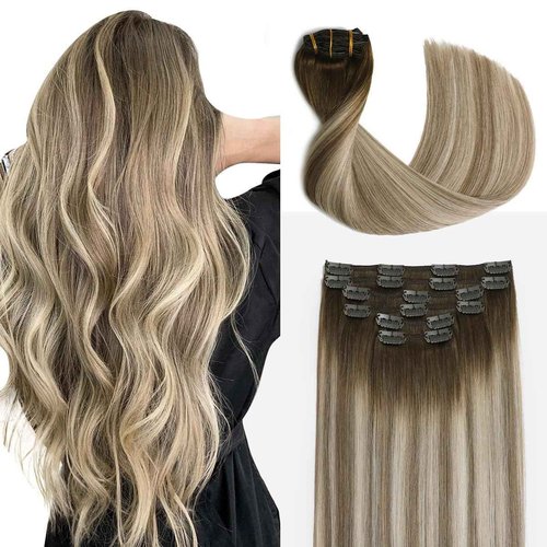 Sindra Clip in Hair Extensions Balayage Darker Brown to Ash Brown Highlights Golden Blonde 16 Inch 100g 6pcs Hair Extensions Clip Ins Remy Thick Ends #3/8/22 16''