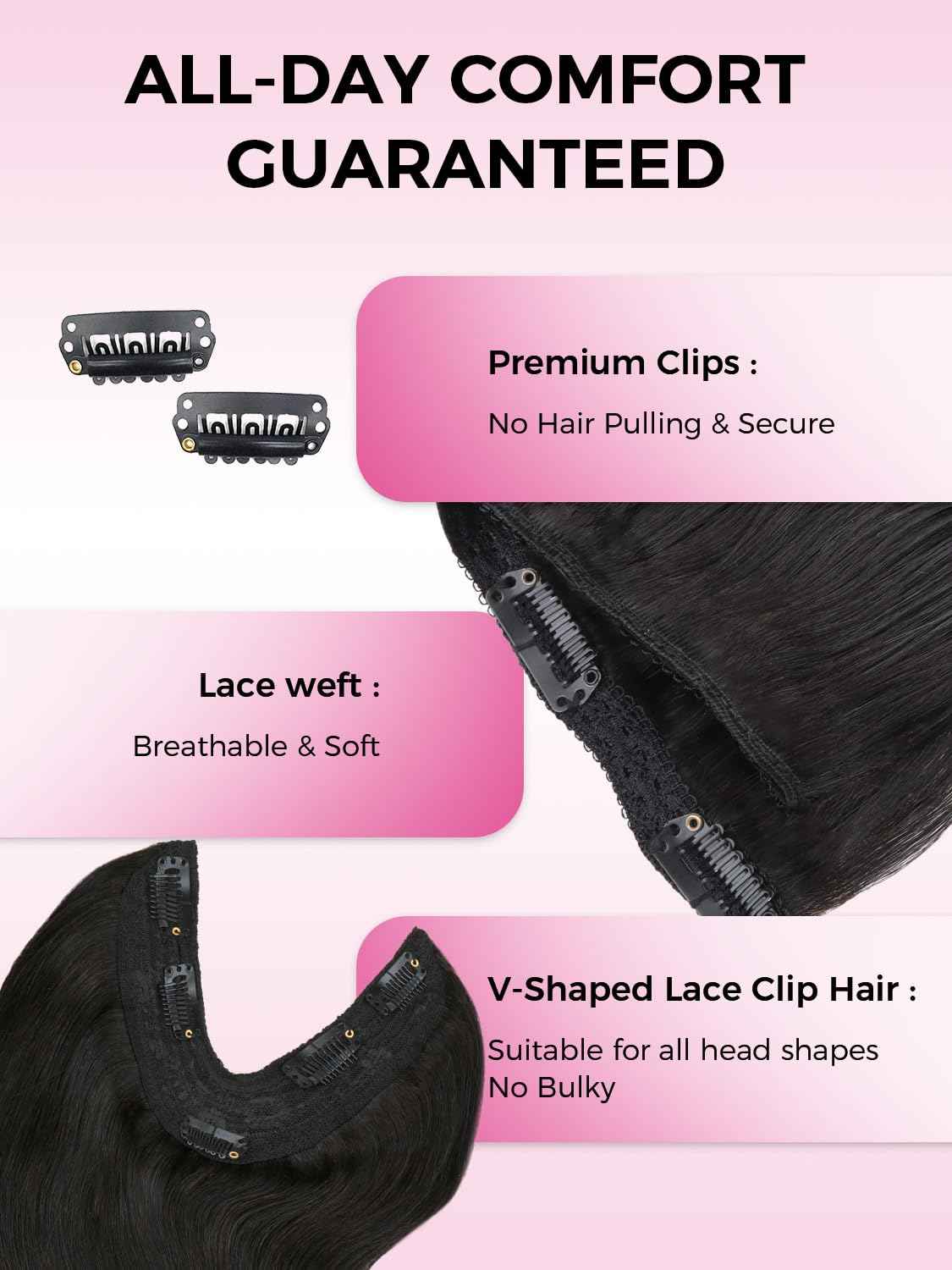 Lashey V Shape Invisible Clip in & Lace Clip in Hair Extensions Human Hair, 18 Inch 120g Set (1 V-Shaped + 2pcs Lace Clip ins), Natural Black Body Wave No Leave Out Hair Extension for Women