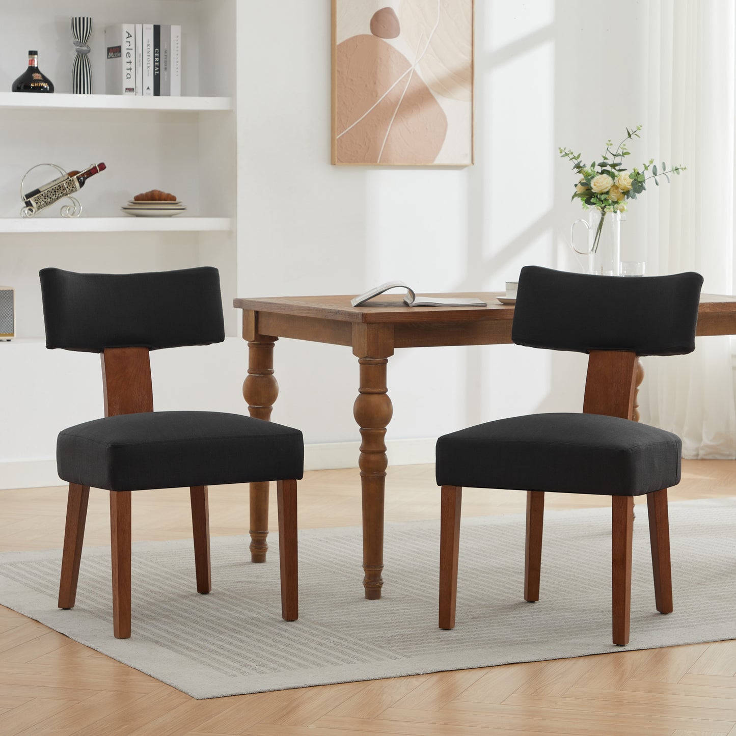 Modern Linen Fabric Dining Chairs - Set of 2, Black