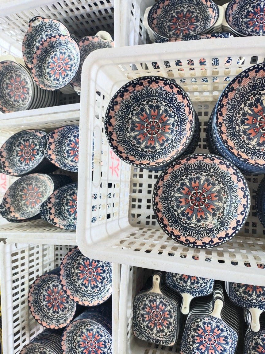 Bohemian Ceramic Dinnerware Set - 13 or 15 Piece Kitchen Plate & Cutlery Collection