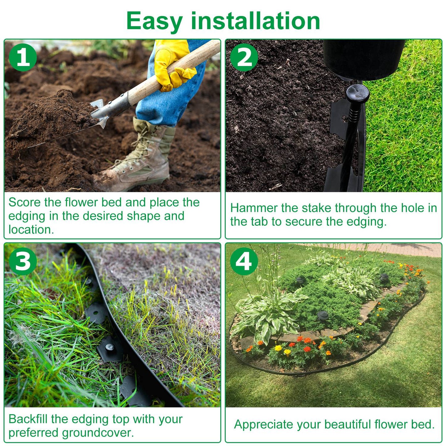 Non-Digging Plastic Garden Edging Kit with Stakes - Landscape Border for Lawn & Flower Beds