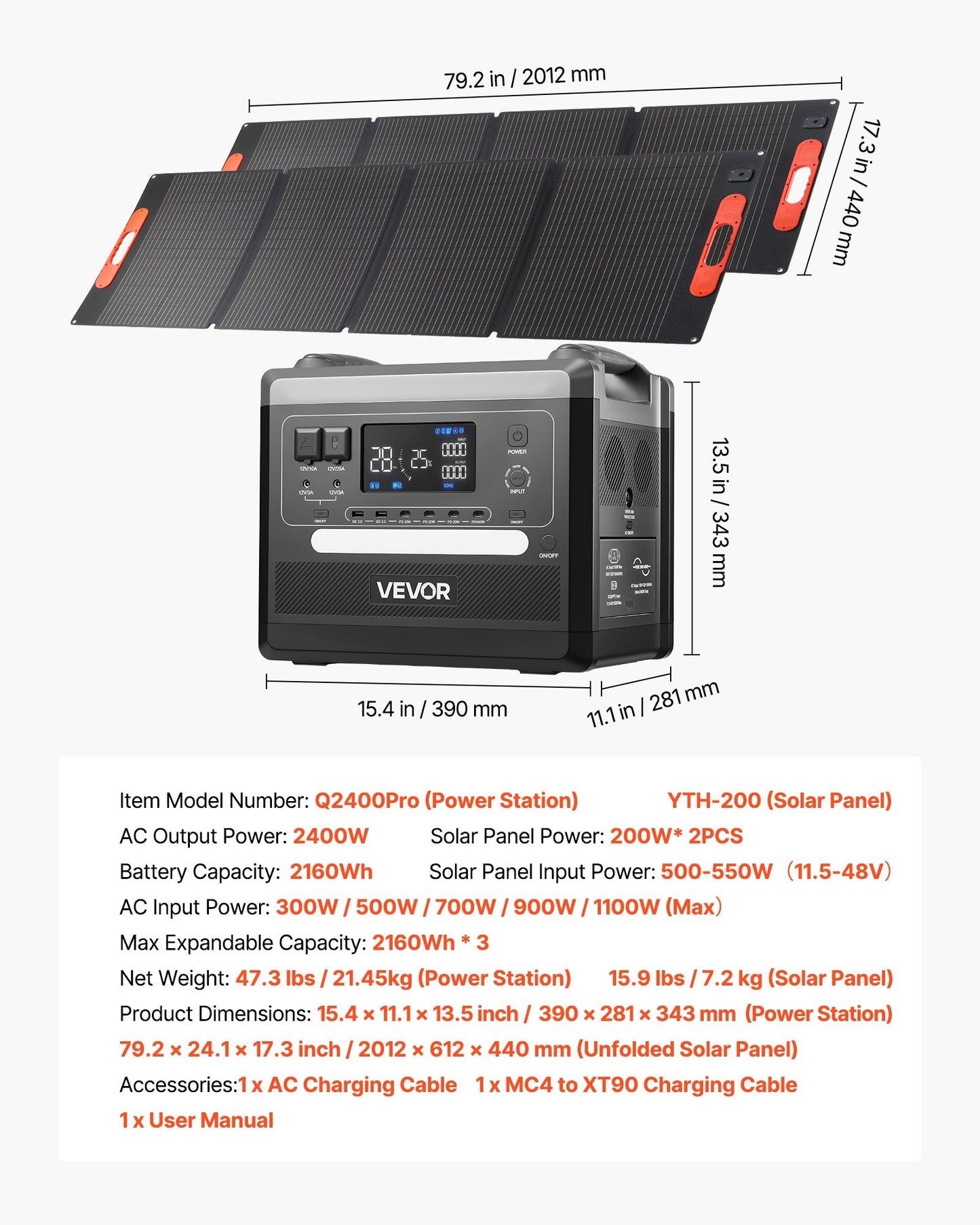 Portable Solar Power Station 2400W with 2160Wh Battery & Foldable Solar Panels