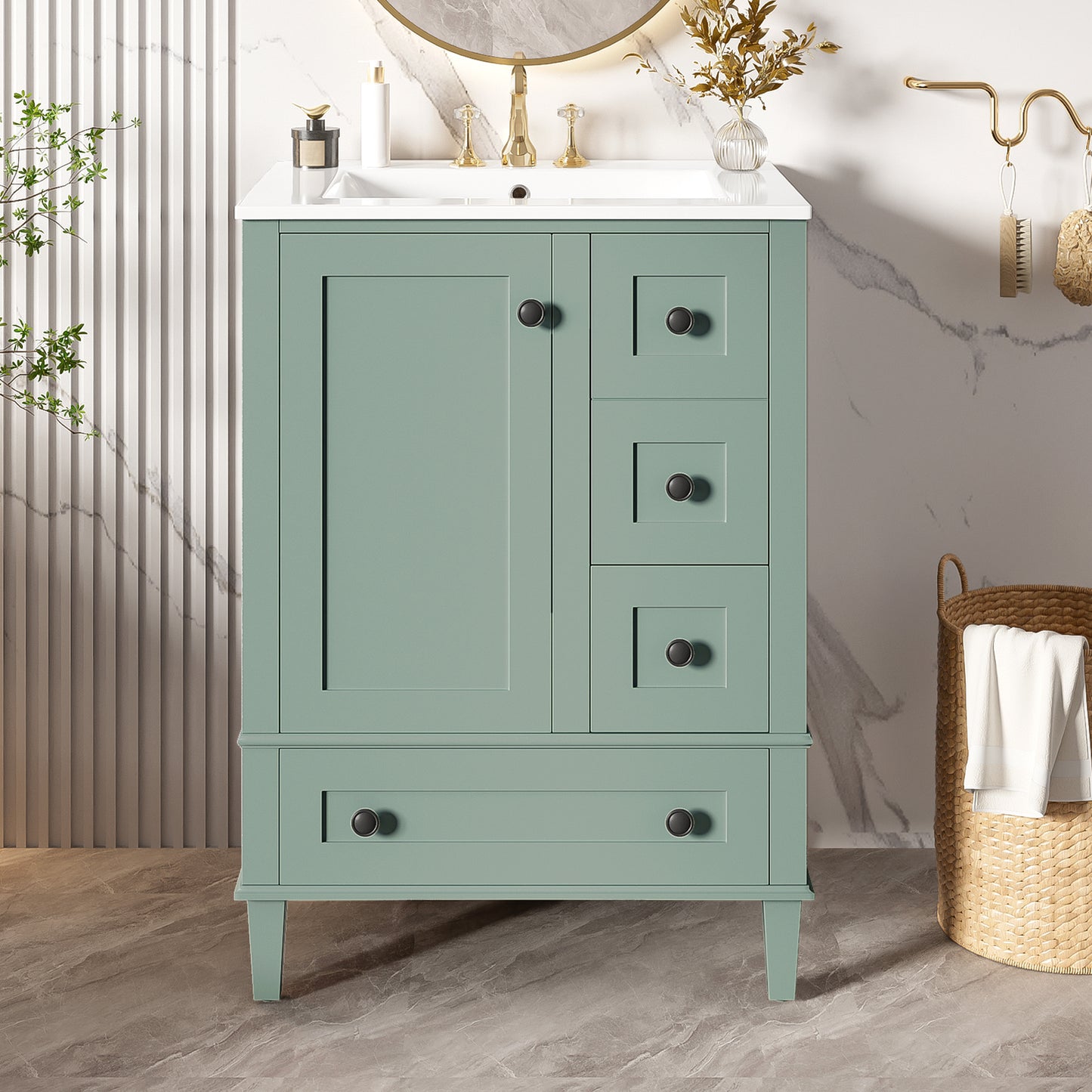 24-Inch Light Green Bathroom Vanity with Integrated Basin