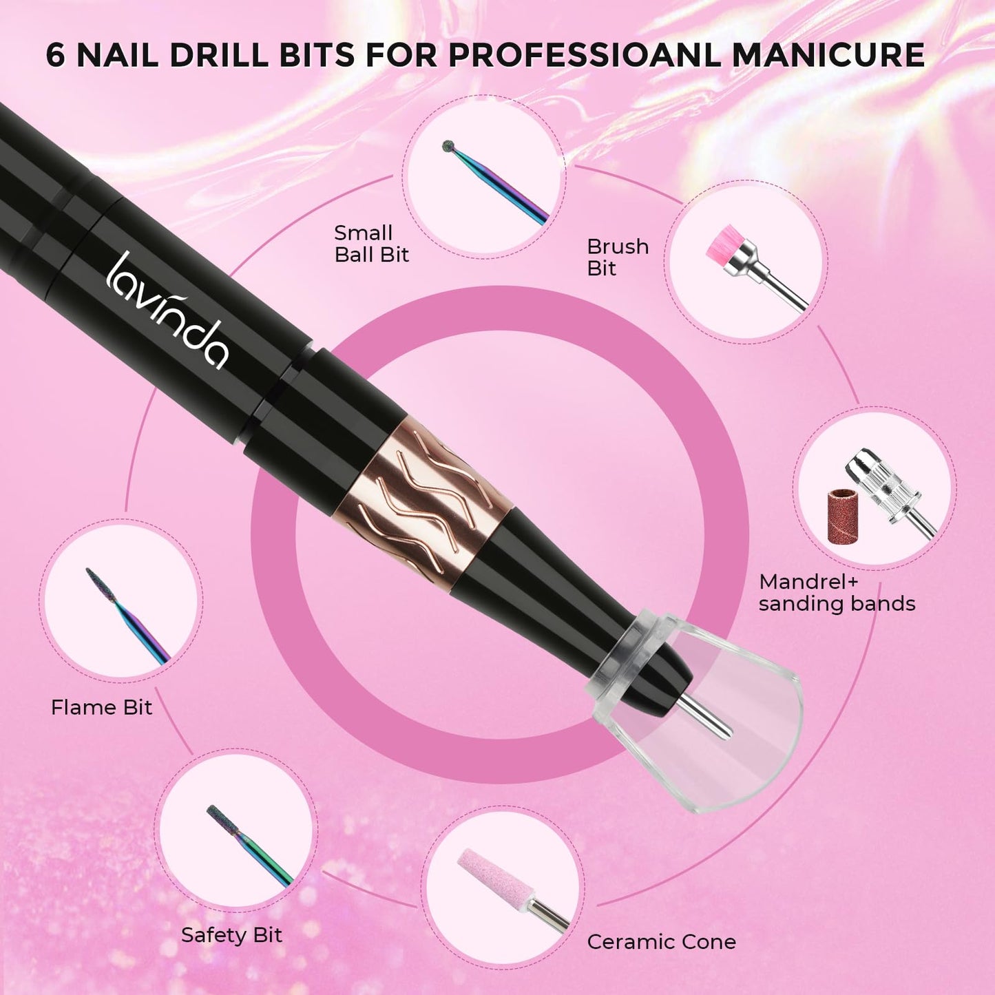 Lavinda Portable Nail Drill Electric File, 35000RPM Professional Rechargeable E-File Machine with Bits, Cordless Nail Drill Machine with Coreless Motor for Acrylic Nails, for Manicure Salon Home,Pink