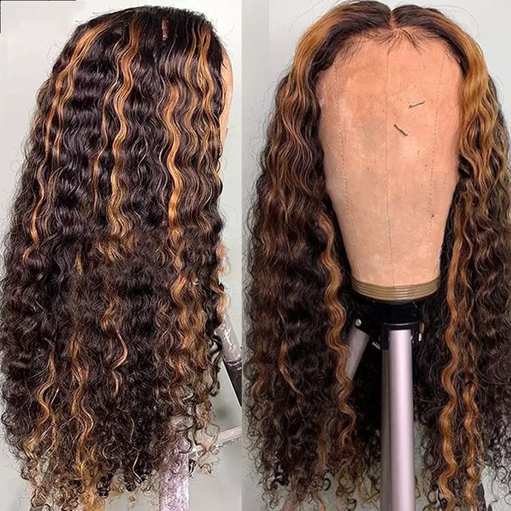 180 Density Highlight Curly Lace Front Wigs for Black Women Pre Plucked Ombre Blonde Colored Wigs 4T27 Brazilian Remy Human Hair Wig (22 Inch, 13X4 Lace Front Wig)