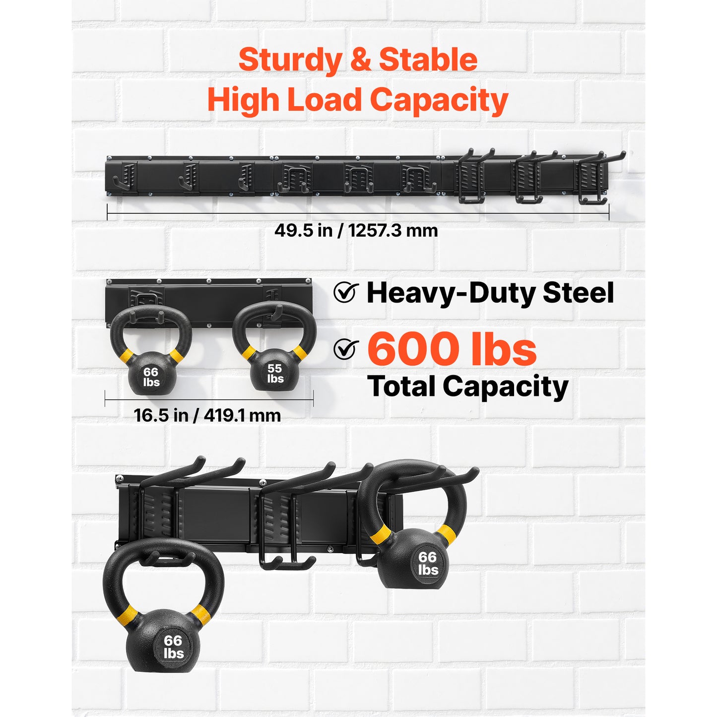 Garage Tool Organizer Wall Mount 49.5 Inch Heavy Duty Storage Rack with Hooks