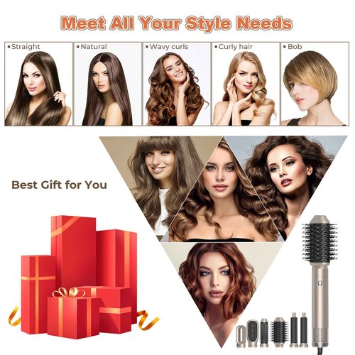 Hupifaz 6 in 1 Air Styler, Blow Dryer Brush Set, Auto wrap Hair Styler for Curling, Volumizing, Straightening and Styling, Negative Ion Frizz-Free Hot Air Brush (Ash-Gold)