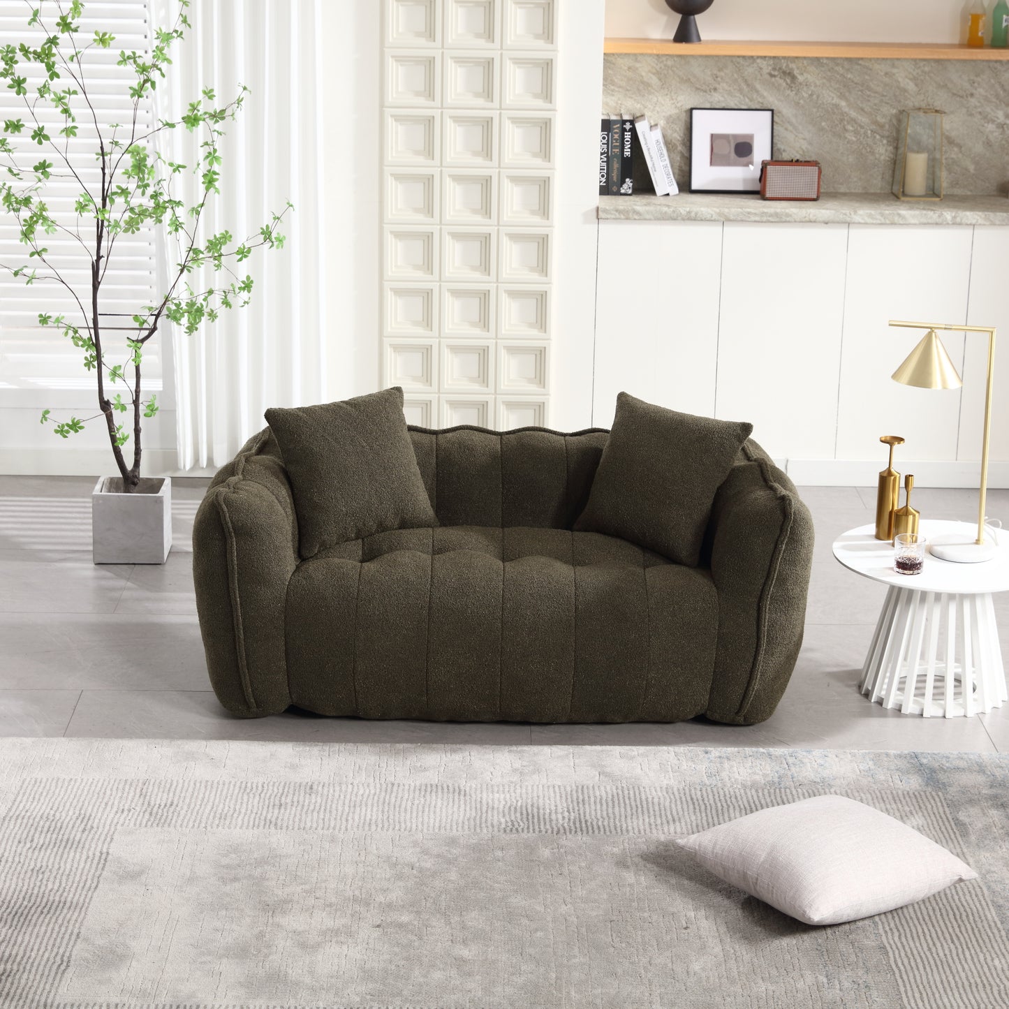 Olive Green Soft Beanbag Chair for Two - Chenille Foam Recliner