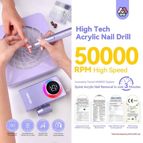 SAVILAND 50000RPM Nail Drill with Clear Builder Nail Gel Kit: 2024 High Tech Fast Removal Electric Nails Drill Kit 6000mAh Rechargeable Professional Drill Bit Nail File Buffer Tools Salon