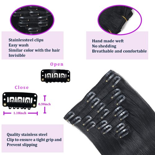 SIVSV Real Human Hair Extensions - 18 Inch, 3.6oz/100g Remy Natural Hair Clip Ins for Women - Seamless Clip on Hair Extensions - 8pcs Per Set - Double Weft - Jet Black