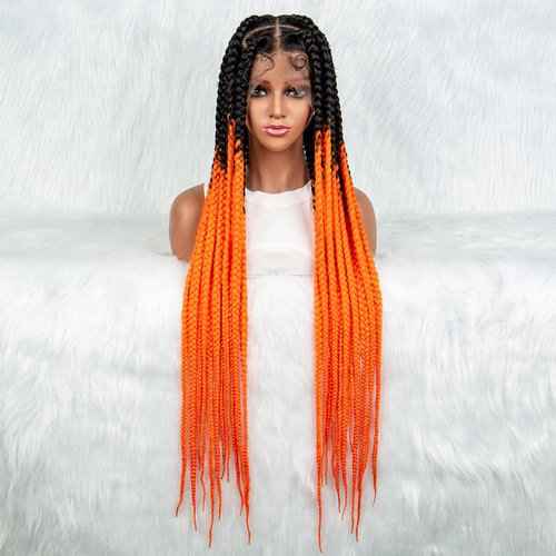 A ANYTIME 36 Inch Transparent Full Lace Braided Wigs Knotless Box Braided Lace Wigs for Black Women with Baby Hair Synthetic Lace Front Colored Braiding Wigs(OTORANGE)