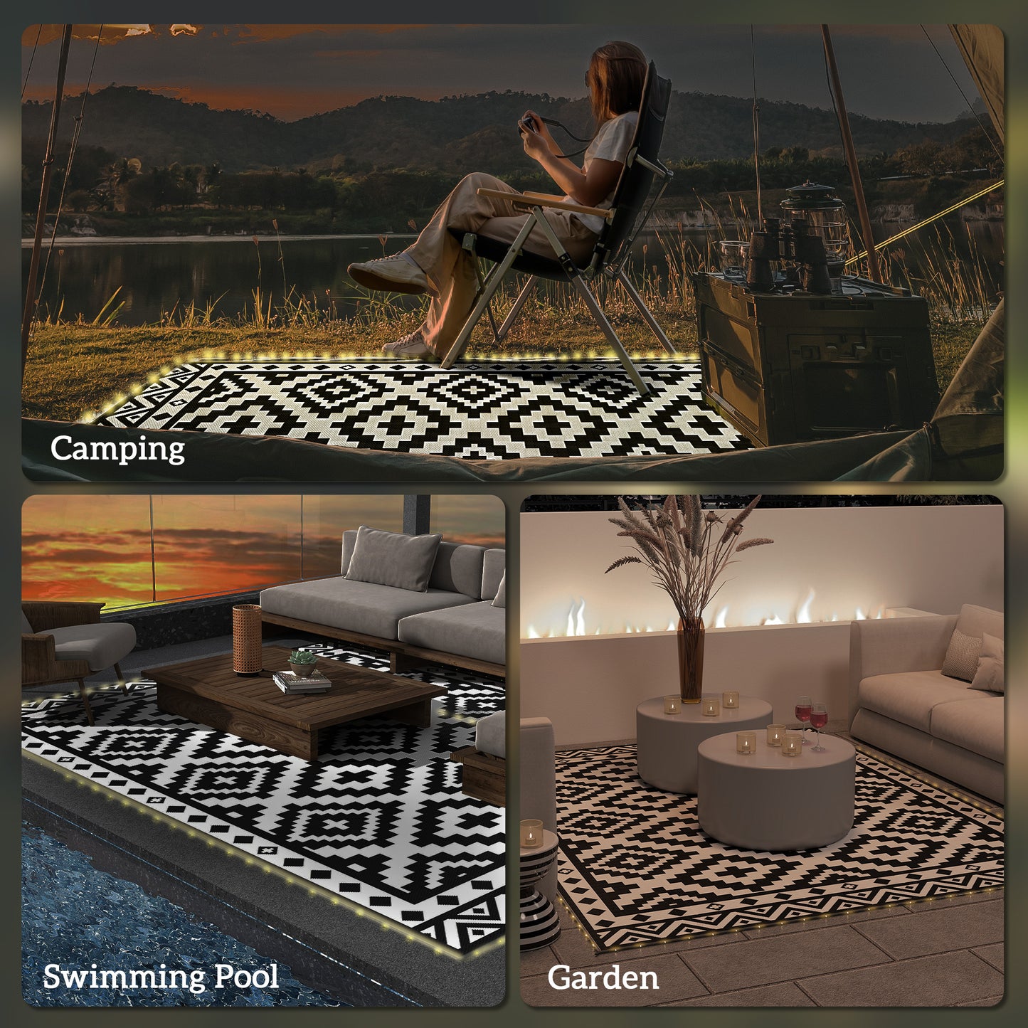 Reversible Outdoor Rug with LED Lights - Black & White 12x9