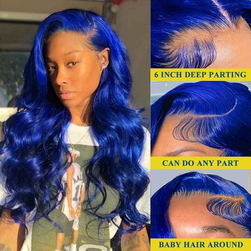 RUOXUAN Blue 9x6 Body Wave Lace Front Wigs Human Hair Pre Plucked With Baby Hair 200% Density Dark Blue Human Hair Pre Cut For Women HD Transparent Lace Frontal Colored Wigs 20 Inch