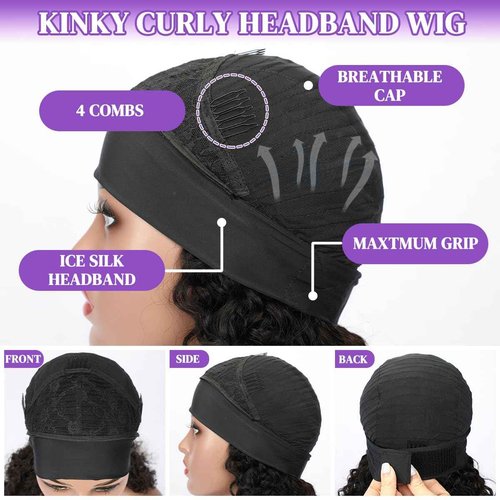 QCCSRR Curly Headband Wig Human Hair 24 Inch Glueless None Lace Front Deep Curly Wig Wear and Go Wigs for Black Women Machine Made Headband Half Wigs 180% Density Natural Color